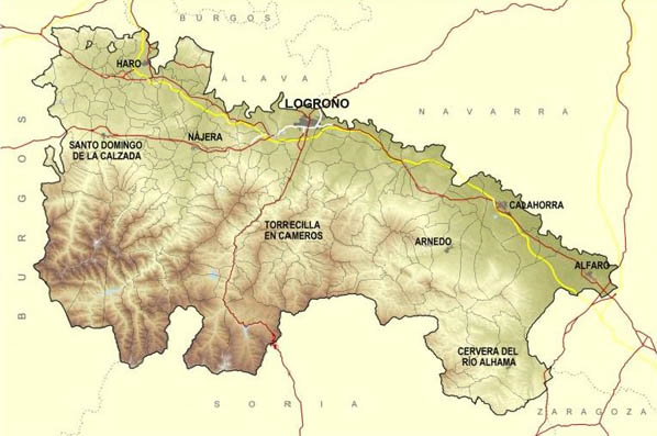 Mapa físico de La Rioja y cabeceras de comarca